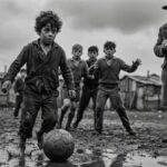Ragazzi giocano a calcio in un campo fangoso del potrero argentino, con un uomo che osserva sul lato destro.