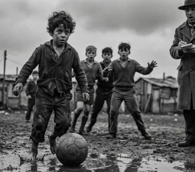 Ragazzi giocano a calcio in un campo fangoso del potrero argentino, con un uomo che osserva sul lato destro.