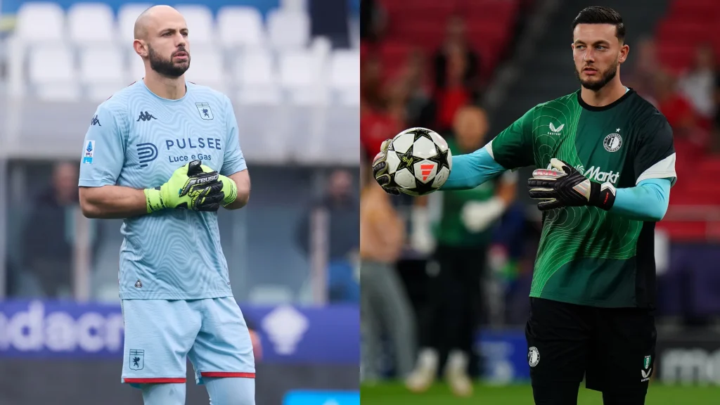 Nicola Leali e Justin Bijlow compaiono in un confronto tra portieri, con divise del Genoa e del Feyenoord e guanti da gara.