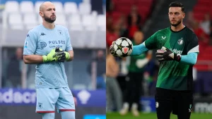 Nicola Leali e Justin Bijlow compaiono in un confronto tra portieri, con divise del Genoa e del Feyenoord e guanti da gara.