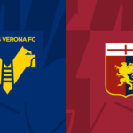 Hellas Verona FC e Genoa a confronto nel derby Verona-Genoa: stemmi su sfondo blu e rosso con dettagli gialli, grafica pulita e netta.