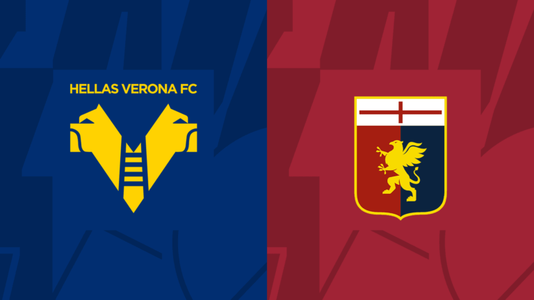 Hellas Verona FC e Genoa a confronto nel derby Verona-Genoa: stemmi su sfondo blu e rosso con dettagli gialli, grafica pulita e netta.