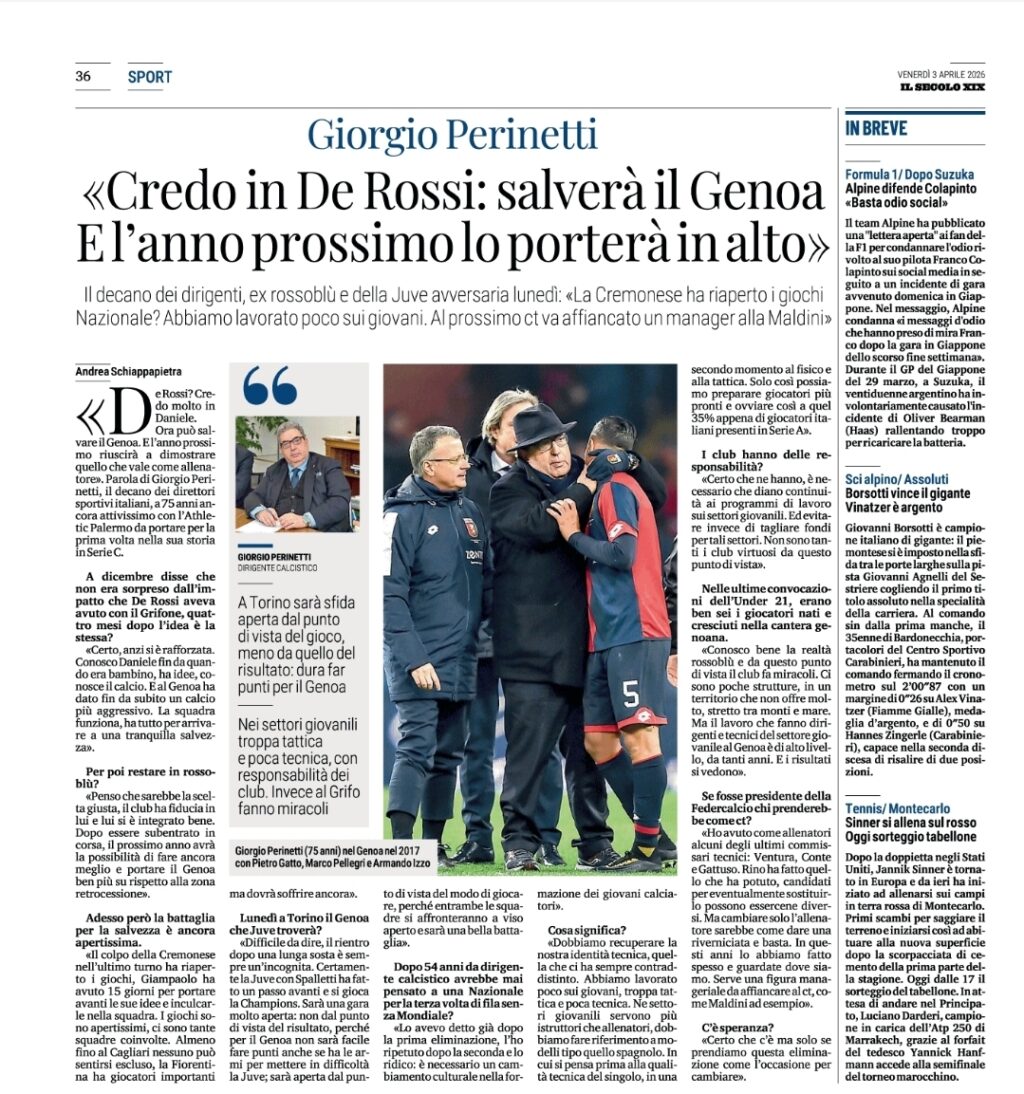 Giorgio Perinetti e Daniele De Rossi in colloquio, accompagnati da Maldini, in contesto sportivo genoano; scena di discussione tra dirigenti italiani con focus su giovani e tecnica.