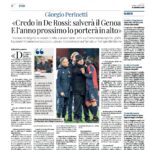 Giorgio Perinetti e Daniele De Rossi in colloquio, accompagnati da Maldini, in contesto sportivo genoano; scena di discussione tra dirigenti italiani con focus su giovani e tecnica.