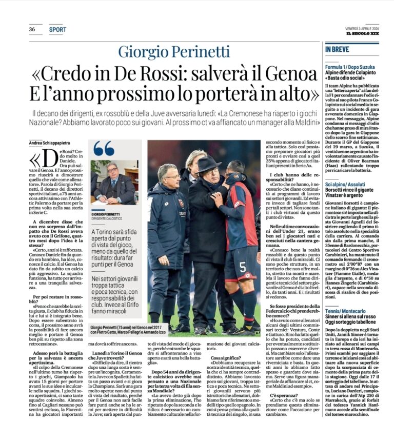 Giorgio Perinetti e Daniele De Rossi in colloquio, accompagnati da Maldini, in contesto sportivo genoano; scena di discussione tra dirigenti italiani con focus su giovani e tecnica.