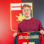 Zatterstrom del Genoa con maglia rossa e blu, davanti al crest del Grifone: sguardo deciso in vista di Fiorentina-Genoa.