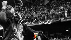 Osvaldo Bagnoli alza i pugni davanti alla folla, con la scritta «Ciao Osvaldo» sovrapposta in bianco e nero.